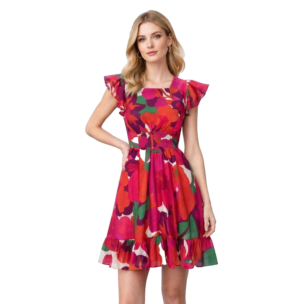 MISA Los Angeles Floral Mini Dress Small Ruffle Sleeve Square Neck Tie Back NWT